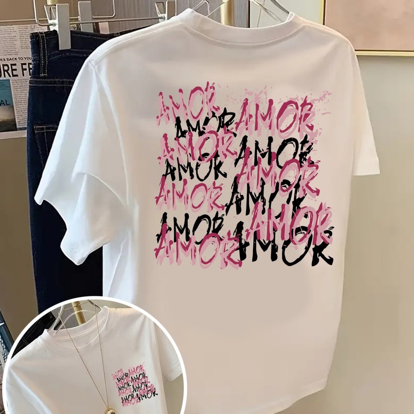 Image of Plus Size - , Amor Print T-shirt Short Sleeve Crew Neck Casual Top For , Women's Clothing