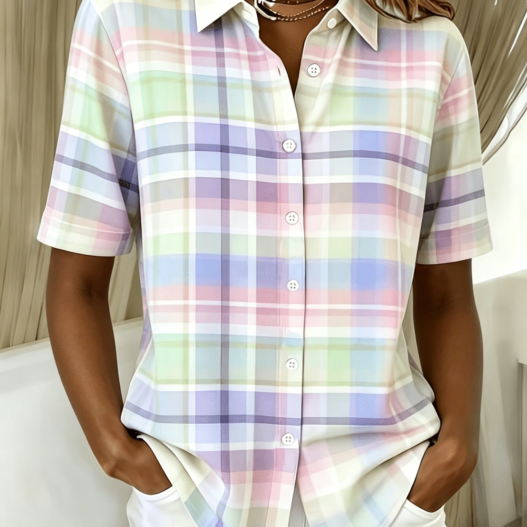 TEMU Women's Short-sleeve Shirt, Classic Vintage Lapel Blouse