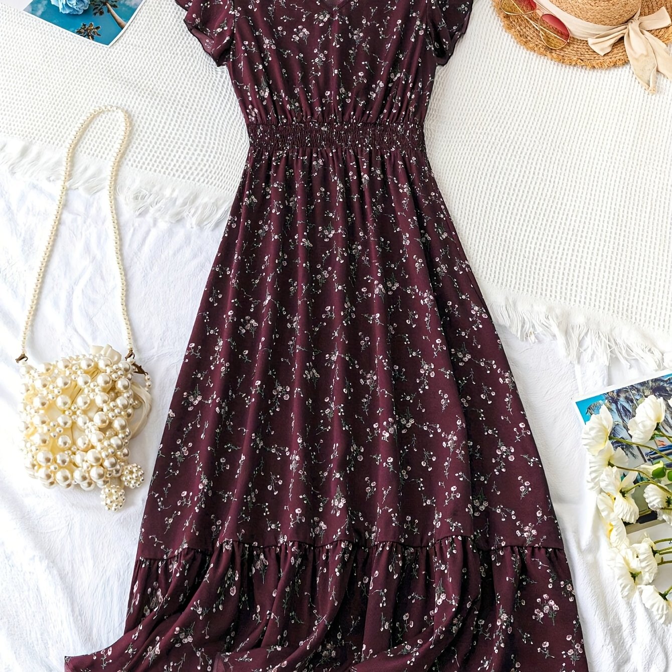 V-neck Ruffle Hem Women's Long Dress