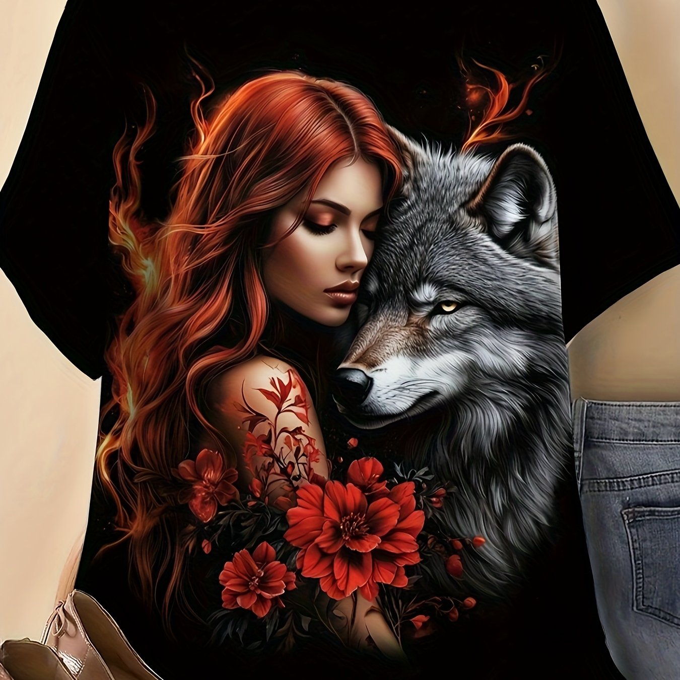 TEMU Women's Plus Size Gothic Wolf & Red-haired Woman Print Short Sleeve Blouse - Bohemian Round Neck Top With Wolf Face & , Machine Washable
