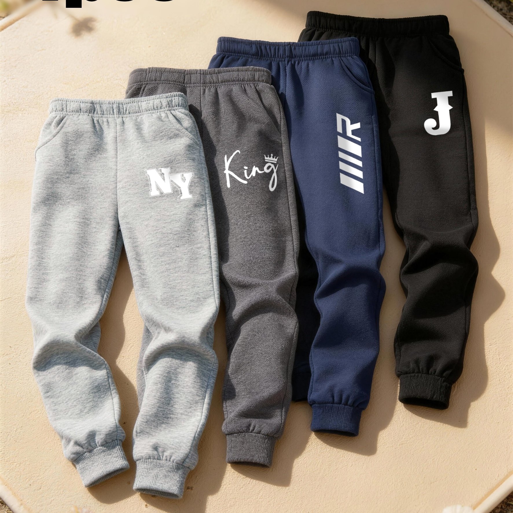 Image of 4-pack Boys' Letter - Print Sweatpants - Elastic Waist Joggers With Legs, Warm Winter Pants Suitable For Sports, Outdoor & Casual Wear - Teen Boys' Athletic Track Pants (4-pack), Perfect For Outdoor