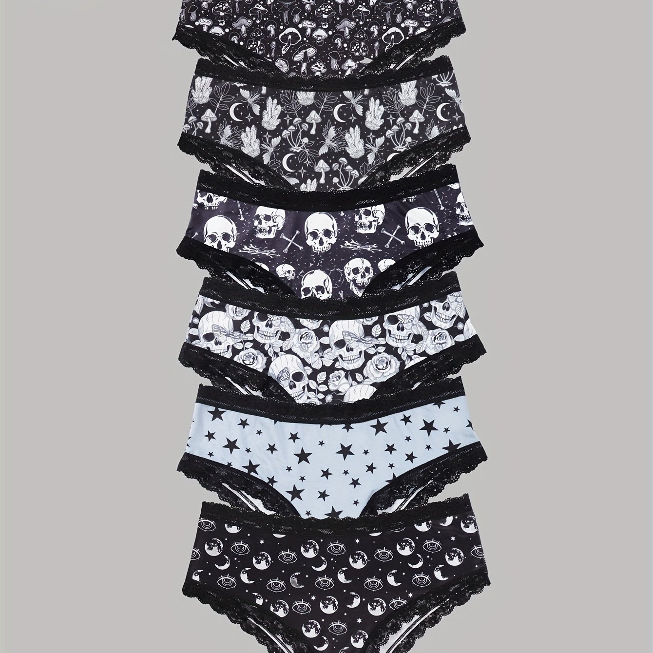 Image of 6pcs Random Pack Women's Gothic And Spooky Print Panties, High Stretch Breathable Underwear With Delicate Black Lace Trim, And No Show Under Panties, Skull, Pumpkin, Cat And Design, Casual