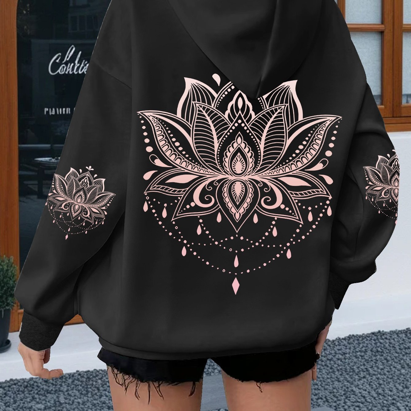 TEMU Plus Size, Plus Size Women' For Lotus Print Hooded Sweatshirt With Exquisite Line Drawing Tassels, Ethnic Spiritual Pattern, Loose Drop Shoulder