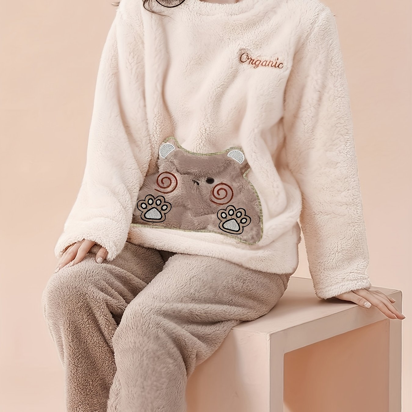 TEMU Cute Cartoon Bear Pajama Set For, Long Sleeve And Pants Coral Fleece Flannel 2pcs Set, Autumn/winter New Style, Thickened Warm Pajamas