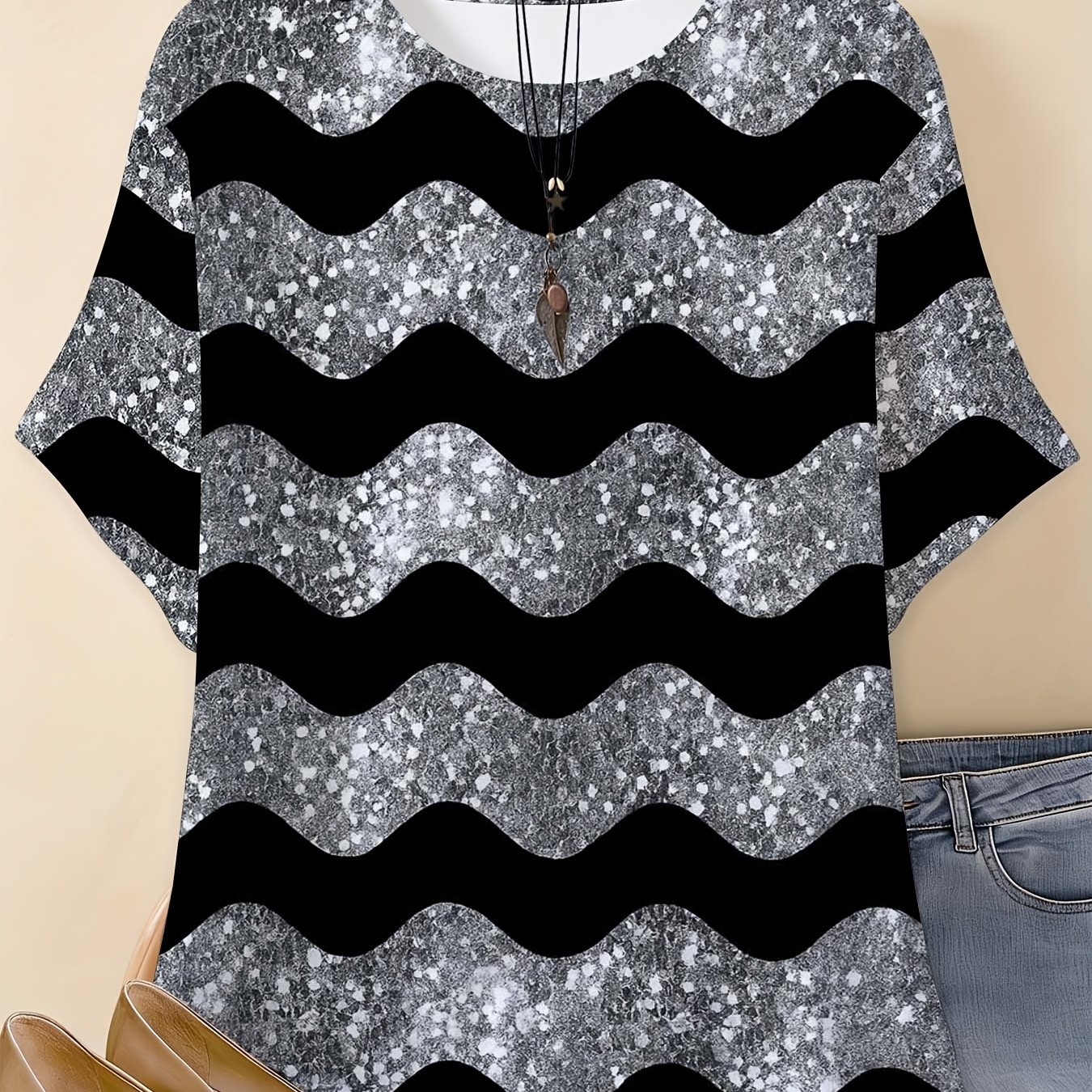 TEMU Plus Size, Plus-size Women's Clothingparty And Holiday Casual Top, Round Neck Design, In Sizes 0xl To 7xl, Black And Wave Pattern