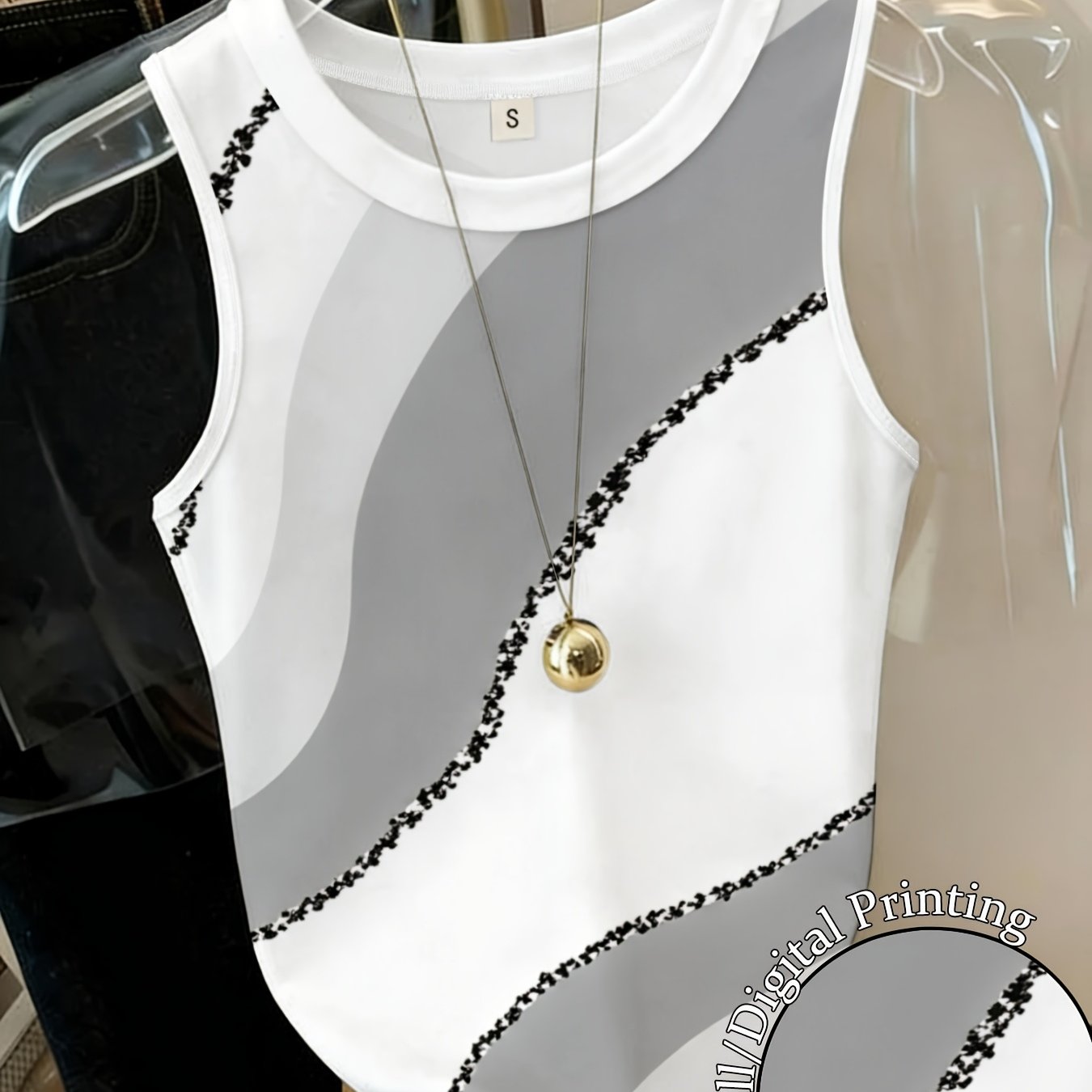 TEMU Y2k Spicy Neck Printed Tank Top, Slim-fit Sleeveless Top For Women