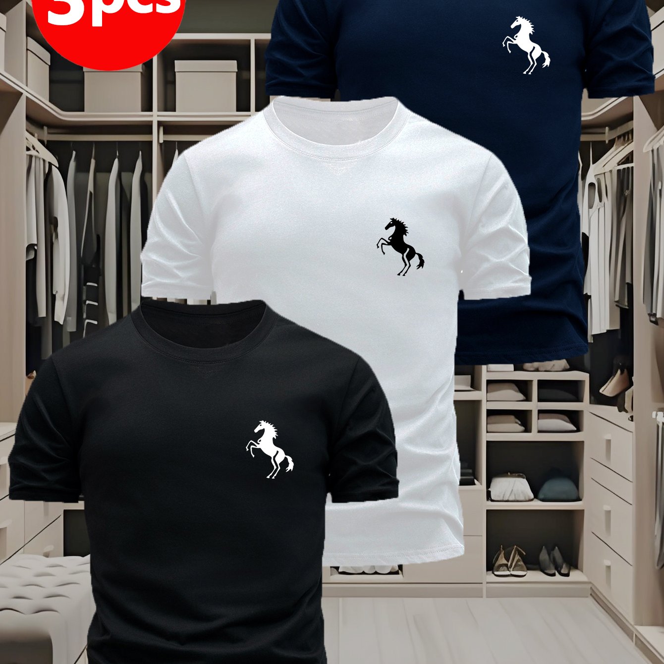 TEMU 3pcs Men's Short Sleeve T-shirt Bundle - Horse Print Summer Casual Tees, Soft Breathable Round Neck Shirts Riding Patterns, Machine Washable
