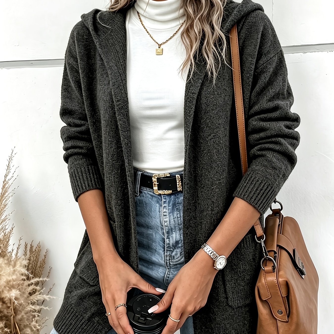 TEMU Women's Autumn Winter New Hooded Solid Easy Cardigan Casual Sweater, Fashionable All-match Mid-length Outerwear Warm Casual Wear