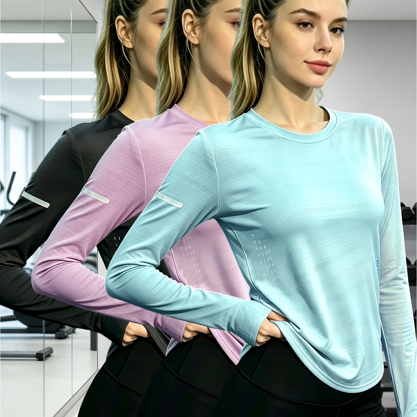 TEMU Conjunto de 3 camisetas de larga casuales de malla de secado rápido para mujer para toda estación - Ropa de montañismo para mujer, camiseta de