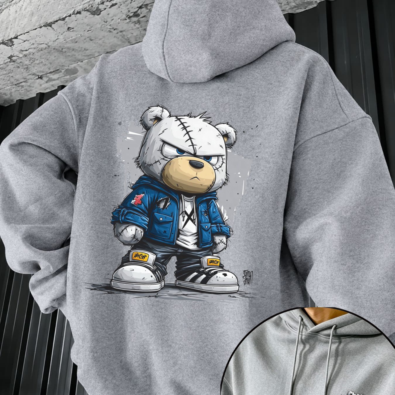 Image of Autumn Winter New Hooded Sweatshirt With Cartoon Bear Print For Men, Loose Fit Thermal Pullover, Daily Wear Street Style, Trendy Urban Oversized Drop Shoulder
