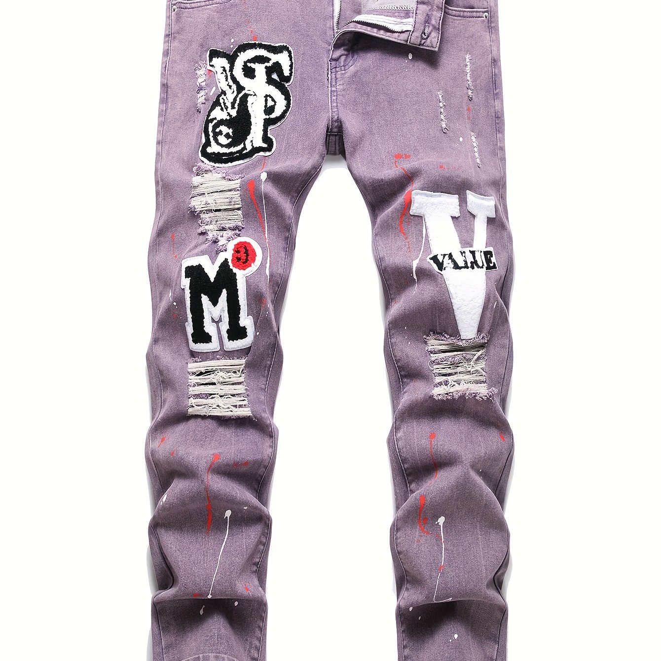 High Street Designer Purple Embroidered Crosshatch Jeans For Men