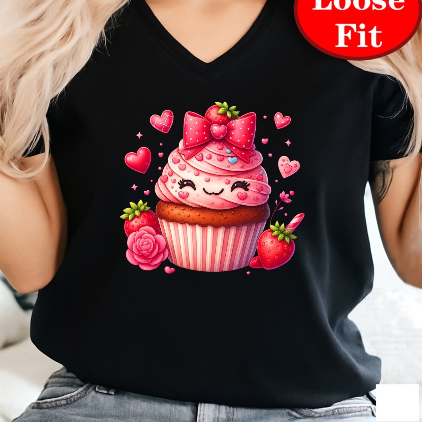 TEMU Sweetheart Cake, Strawberry Print, V-neck Short Sleeve T-shirt, Spring/summer Casual Top, Plus Size Women's Clothing