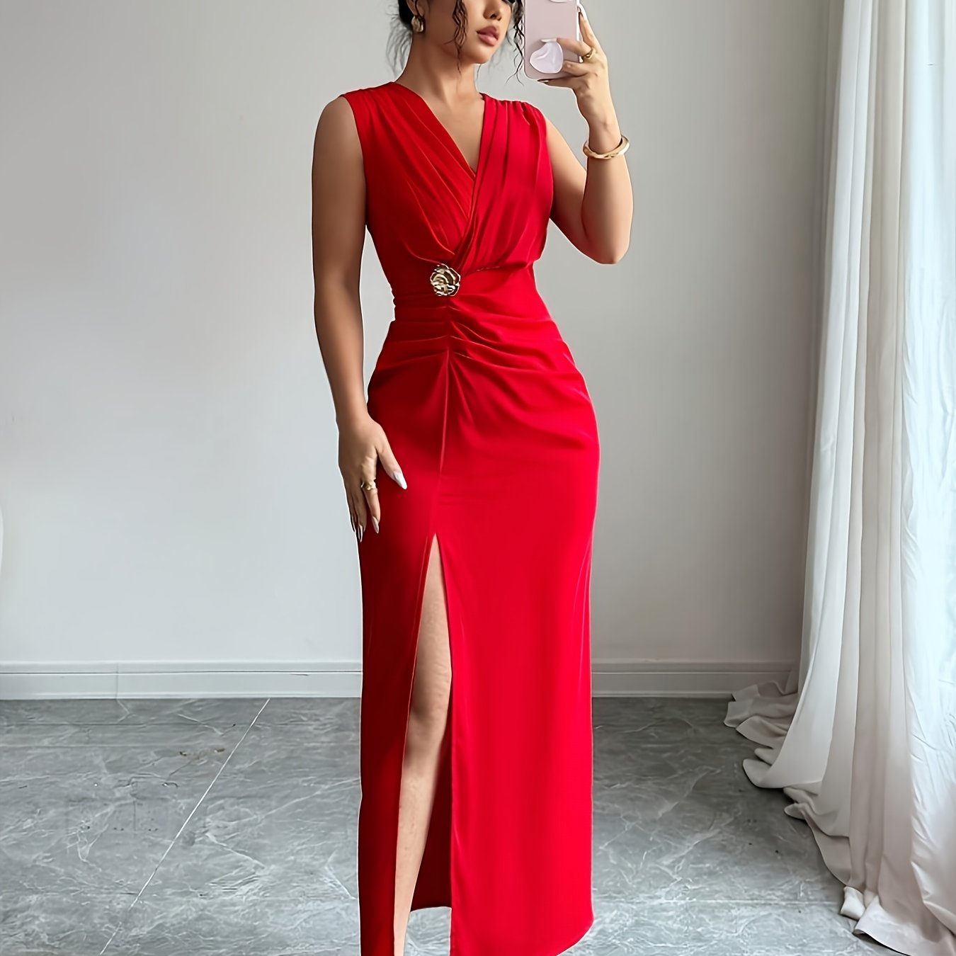 TEMU Women's Formal Dress, Slit Pleated Slim-fit Summer Birthday And Event Dress / Office Dress / Church Dress / Wedding Dress / Holiday Dress /