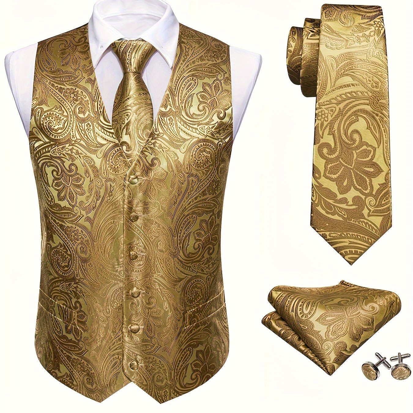 Men's Plus-size V-neck Vests, Classic Sets In Yellow, Purple, And Black Paisley, Including A Tie, Handkerchief, And Decorative Buttons, Plus Size