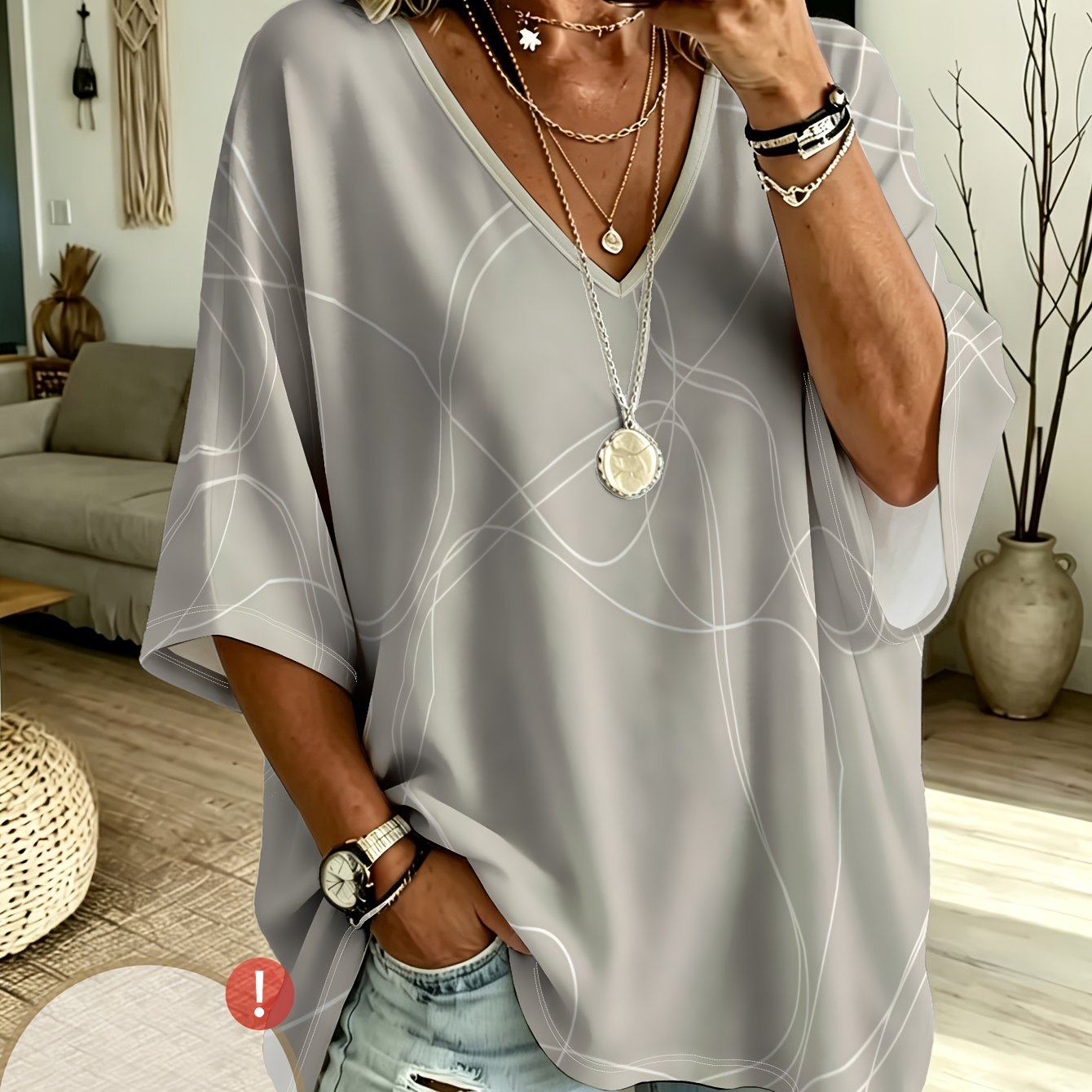 TEMU Plus Size Women's Casual V-neck Three-quarter Sleeve Gray Background White Curve Print Top