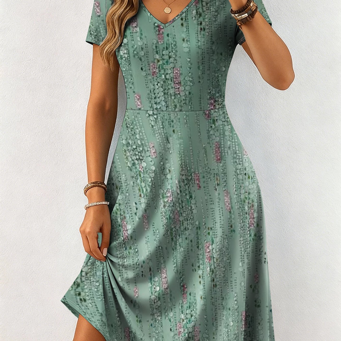 Image of Plus Size - Plus Size - Plus Size- Women's V Neck Short Sleeve A Line Dress, Elegant Trendy Women's Print Waist Paneled Mini Dress For Casual Wear, Curvy Plus Size Women Clothing