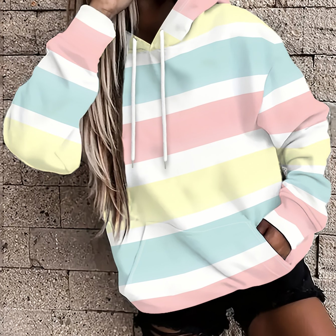 Image of Fashionable Women's Loose-fit -style Hooded Sweatshirt Featuring Light Yellow, Light Blue, And Light Pink Stripes - Made Of Stretchy Fabric For . Contrasting , Relaxed Fit, That Embodies