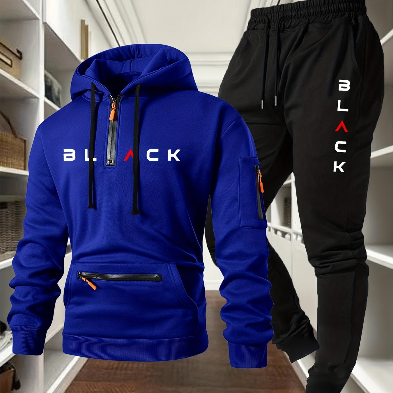 TEMU Men's Casual Print Drawstring Pocket Colorful Half-zip Hoodie With Sleeve Zipper Pocket, Drawstring Outdoor Casual Sports Long Pants Set Fleece