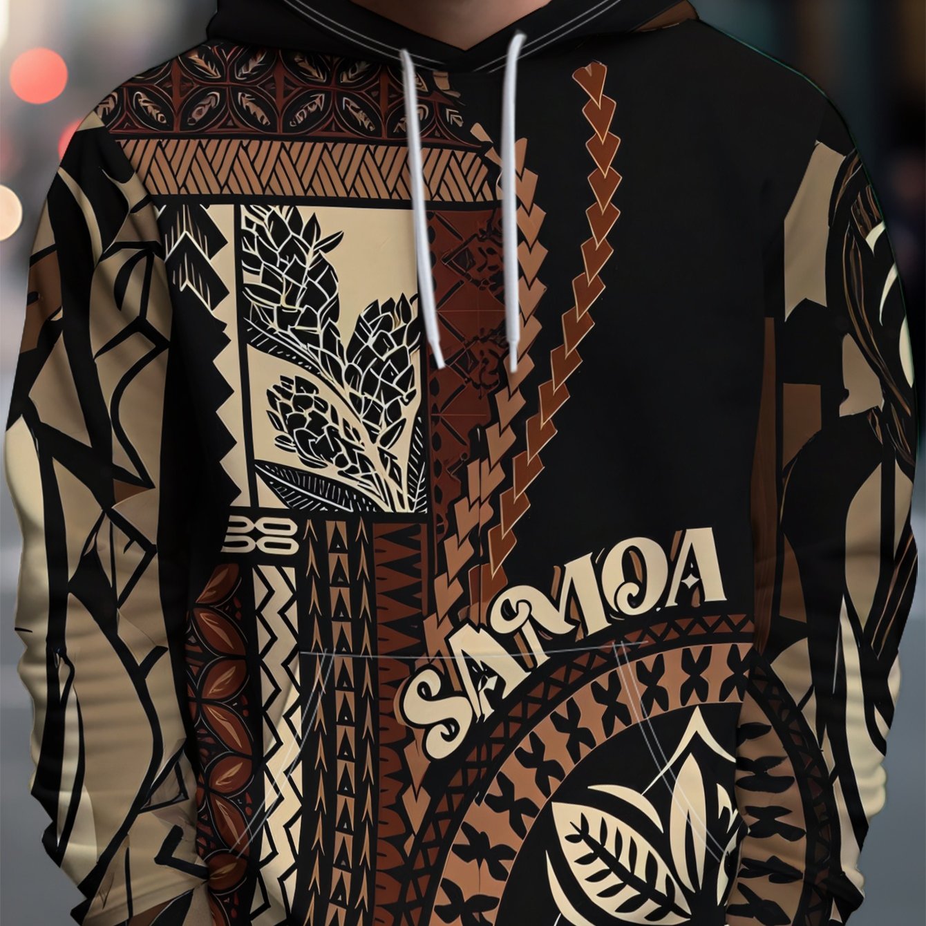 TEMU Samoan Polynesian Totem Print Men's Hoodie, Made Of Polyester, Long-sleeve Pullover, Casual Streetwear Brand, Machine Washable, Everyday Wear