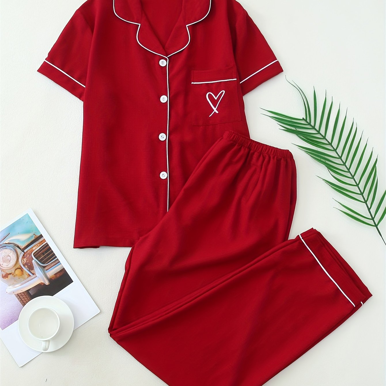 TEMU 2pcs Solid Color Women's Autumn Contrast Trim Lapel Pocket Heart Embroidery Short Sleeve Button-up Top And Long Pants Pajama Set Suitable For