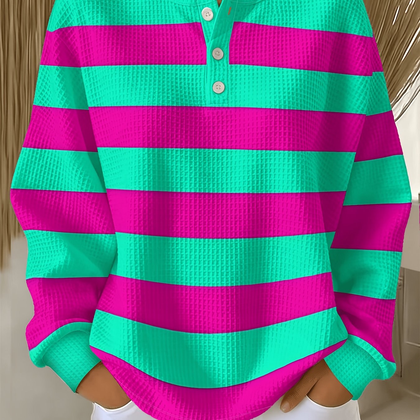 TEMU Plus Size - Women's Plus Size Striped Sweatshirt | Crew Neck, Button Details, Stretch Fabric, Ideal For Fall/winter