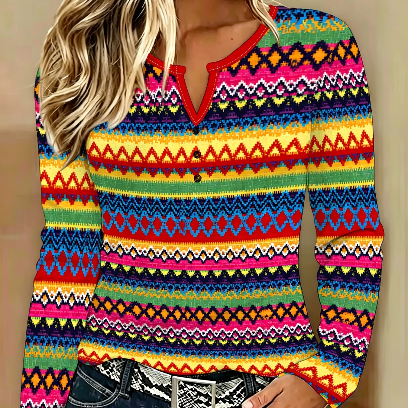 TEMU [printed Design - Not Textured] Colorful Striped V Neck Long Sleeve Top For Women, Fashion Casual Blouse For Autumn Winter With Multicolor