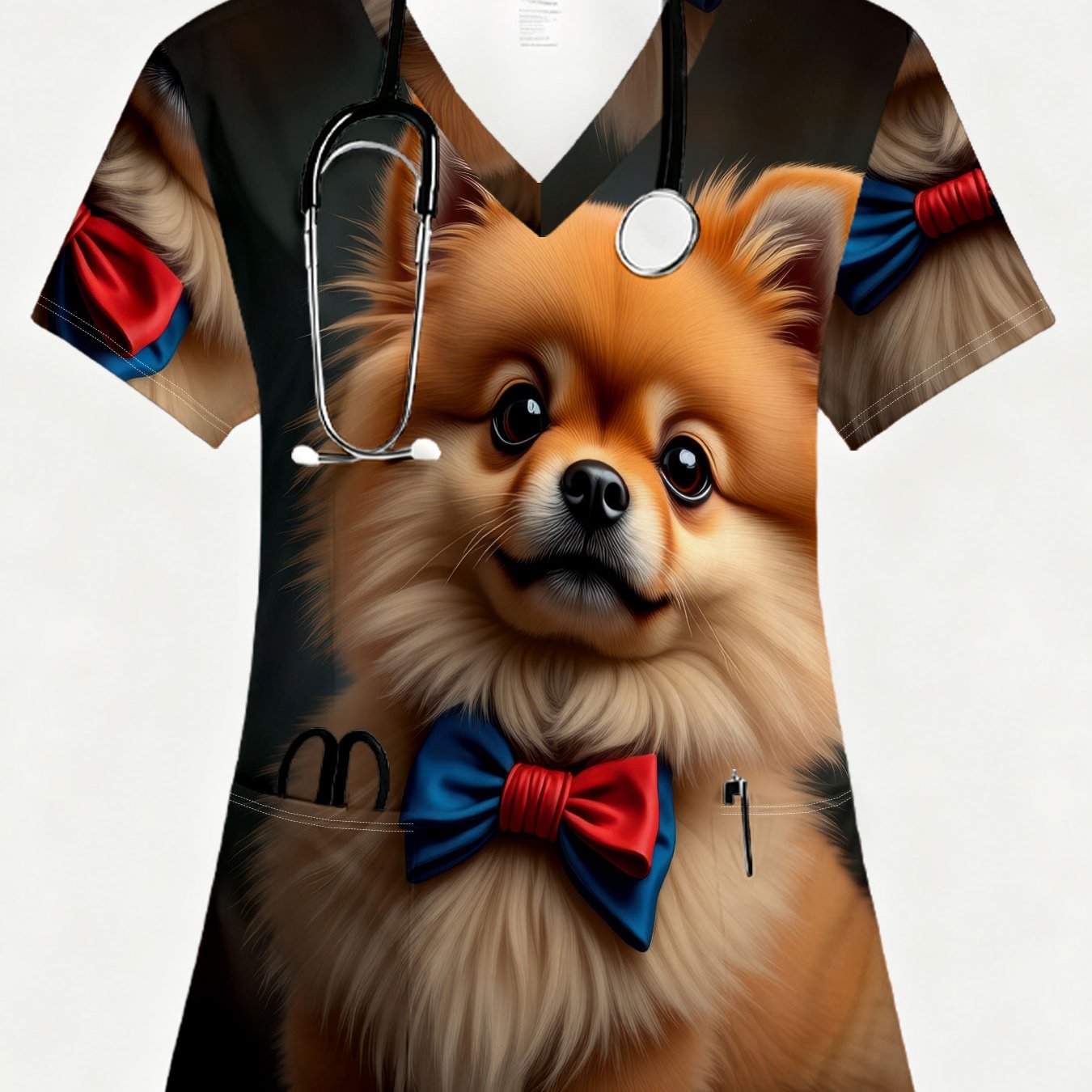 TEMU Elegant Women's Short-sleeve Uniform, Fashionable V-neck Top, Ladies' Hand-washing Gown, Featuring An Adorable Pomeranian With A Red And Design.