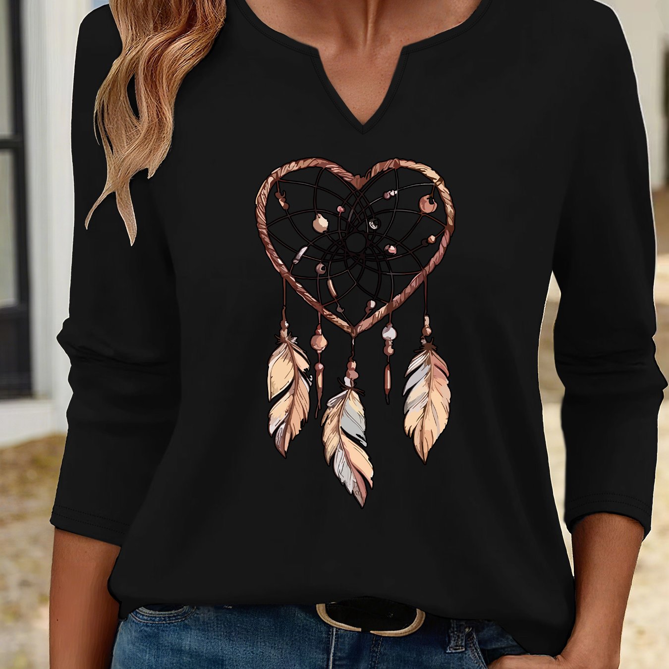 TEMU (058#) Women's Casual Long-sleeve T-shirt For Spring And Autumn, V-neck Long-sleeve T-shirt With Heart Dreamcatcher Print, Comfortable And