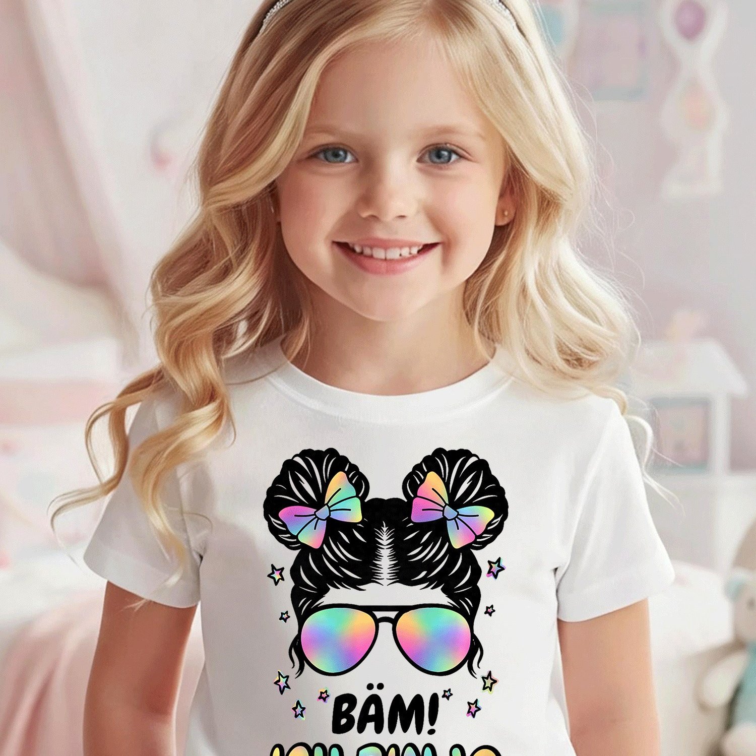 Image of 10th Birthday Girl Messy Bun Bam! Ich Bin 10 T-shirt Comfortable Casual Crew Neck Tee For Boys And Girls T Shirt, 200g