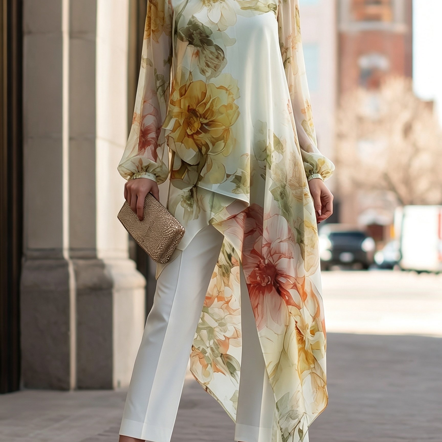 TEMU Sheer Asymmetrical Floral Lantern Sleeve Layered Top Women's Longline Long Sleeve Top