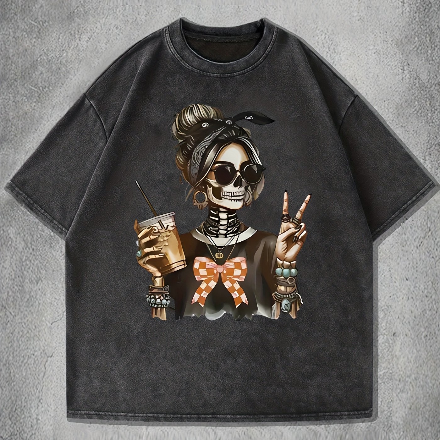 Image of Drawing Print Loose Round Neck Fashion Women's Wash Short Sleeve.