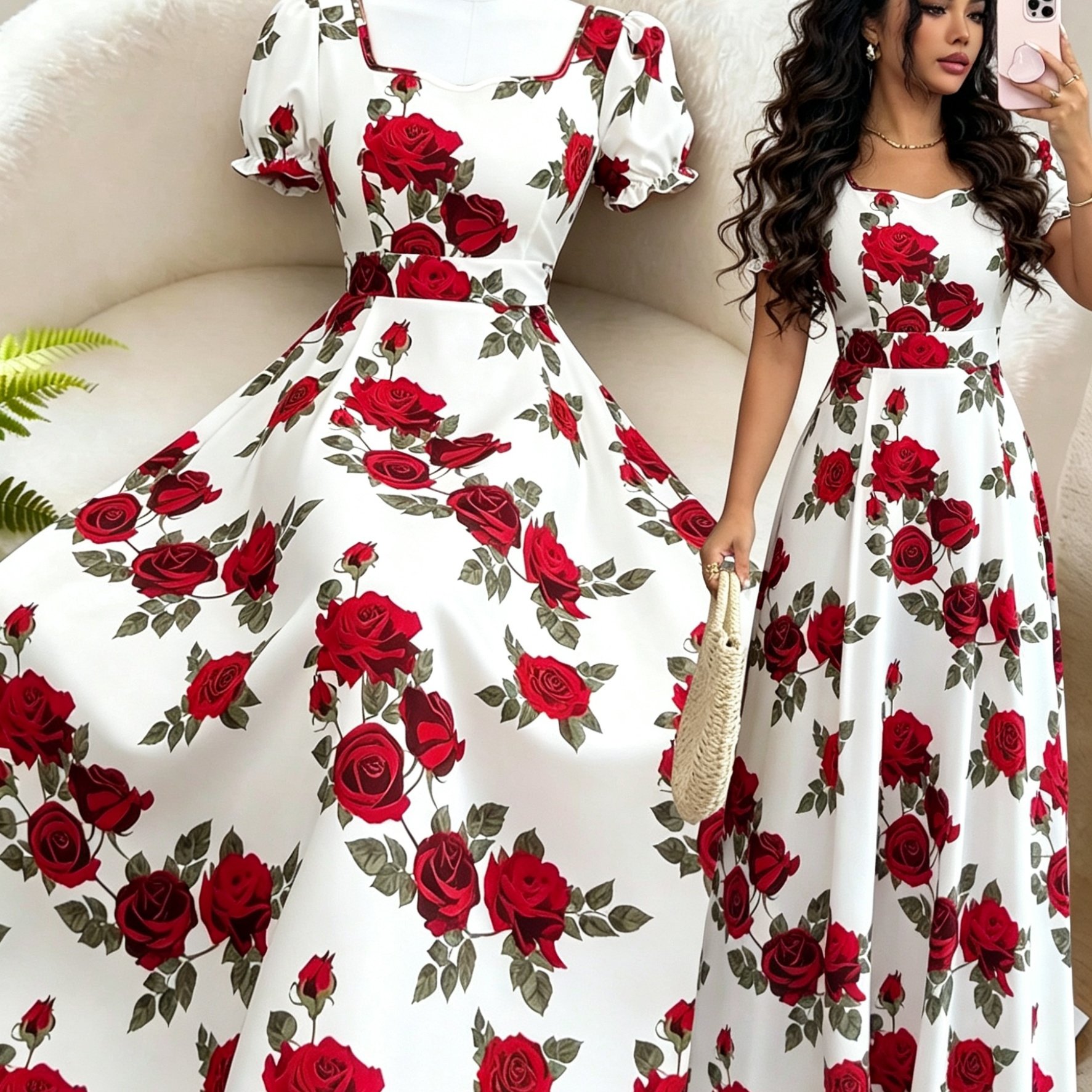 TEMU Robe longue évasée à taille cintrée avec imprimé et français - Robe 'été à manches courtes et style doux pour , les dîners et les fêtes