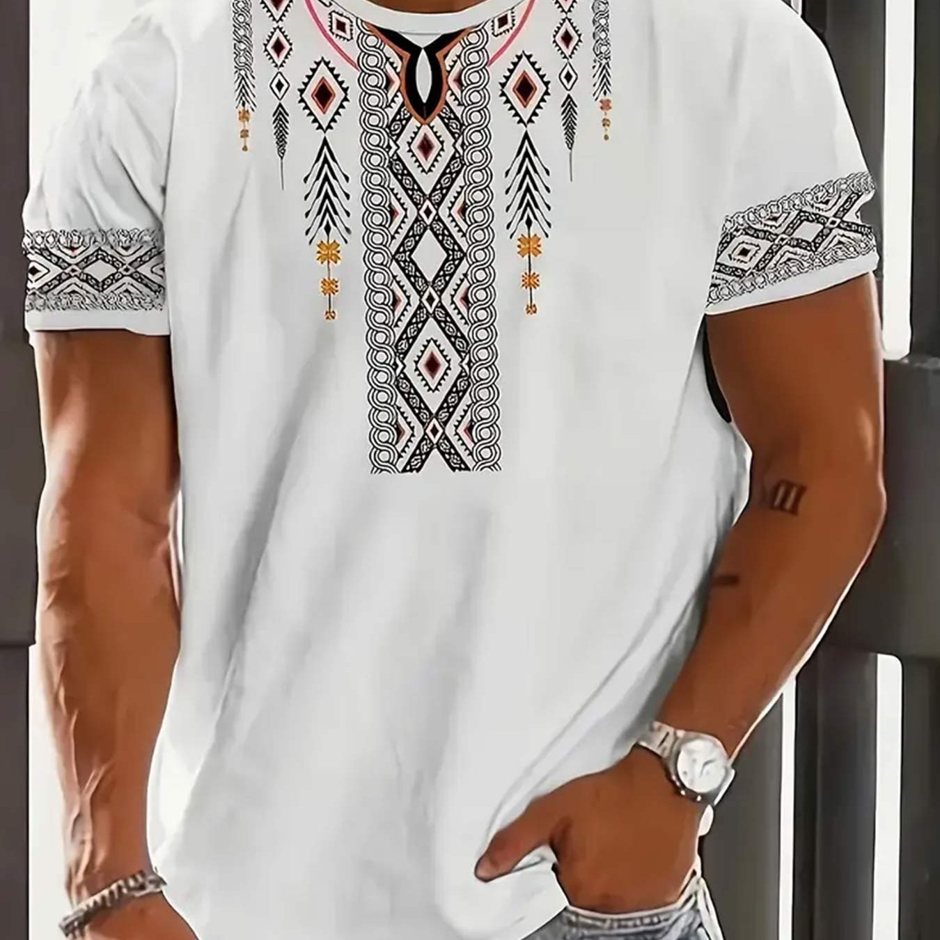 TEMU Vintage Ethnic Style Short-sleeve T-shirt - Featuring A Retro Geometric Pattern Print Design, This Round-neck Top Is Comfortable And Casual,