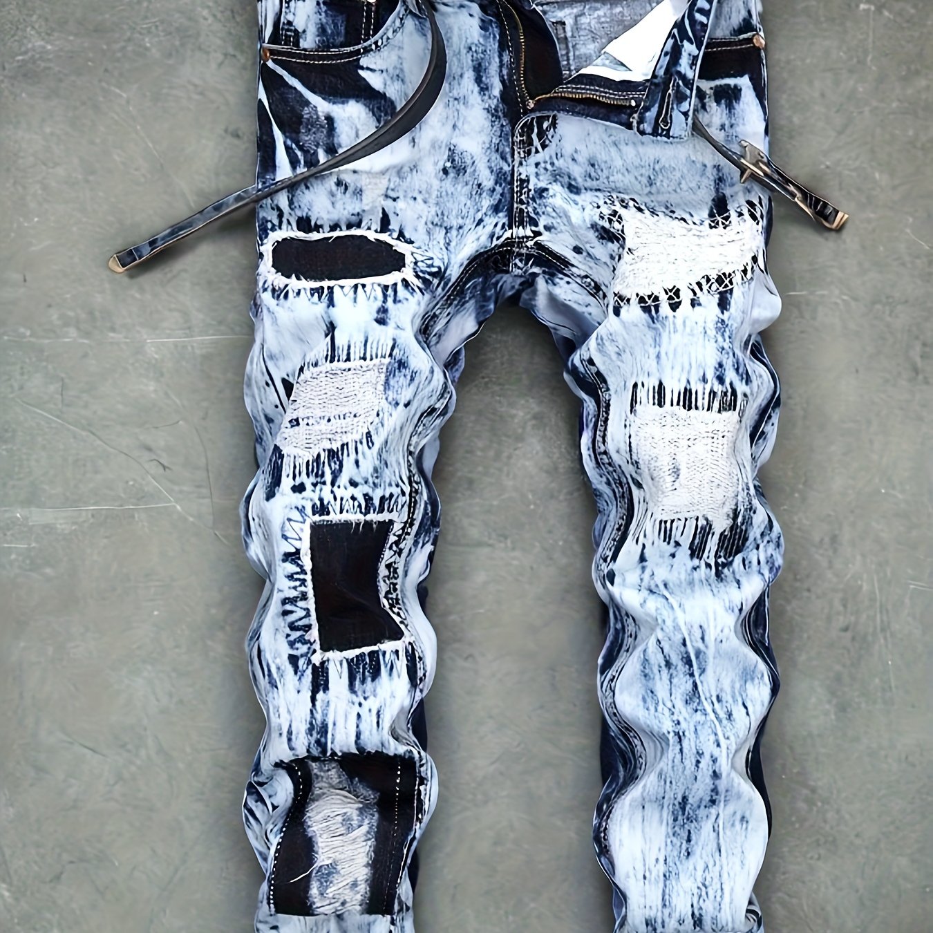 TEMU Men's Straight Jeans With Embroidered Patches And Color Blocks, Featuring Distressed Holes For A Trendy Casual Look