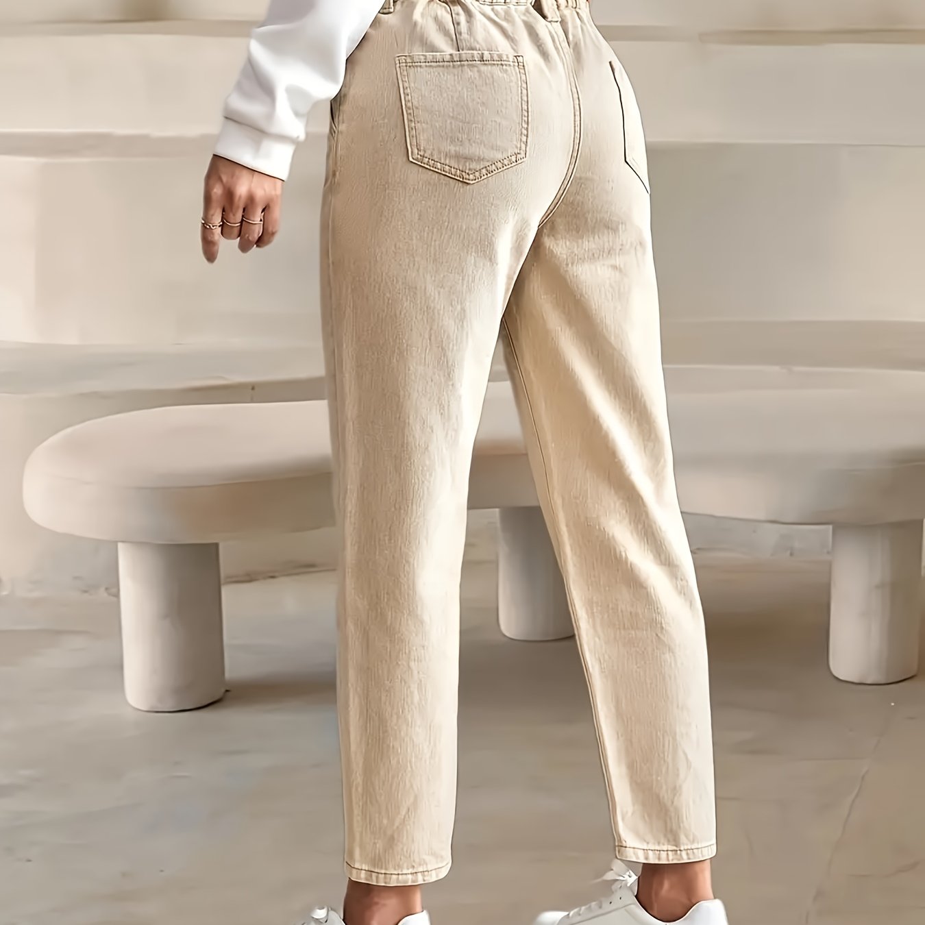 25aw+ Women's High-waist Stretch Beige Denim Ankle Pants With Elastic Waistband For Daily Wear