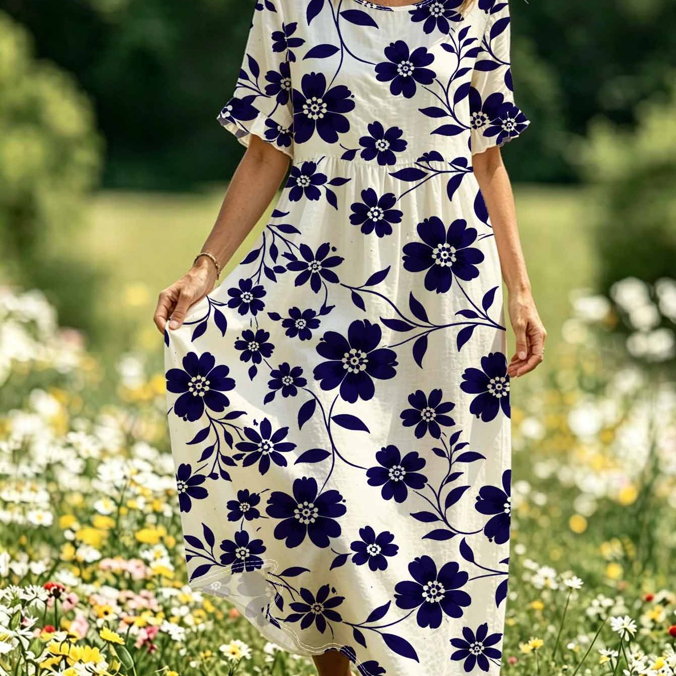 Image of Plus Size Women Casual , Round Neck Ruffle Short Sleeve Navy Blue Floral Print Midi Dress - Bohemian , Great Drape, Suitable For Vacation, Party And Casual Occasions, Loose Relaxed Comfortable Dress