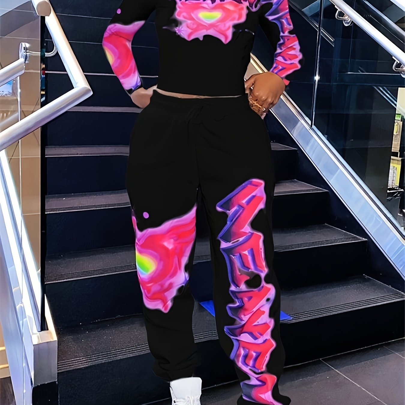 Image of Evening Mist Pattern-making, With Pockets, Y2k Heart-shaped And Letter-printed Long-sleeved Top And Waist-cinched Skinny Pants, 2 Long-sleeved And Long-pants Sets