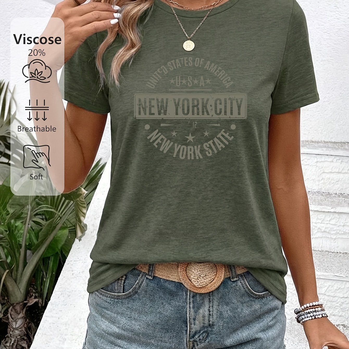 TEMU Women's City Vintage Badge Print T-shirt - Nyc & Iconic Landmarks Suitable For - Wear, Lightweight Breathable Round Neck Short Sleeve Blouse