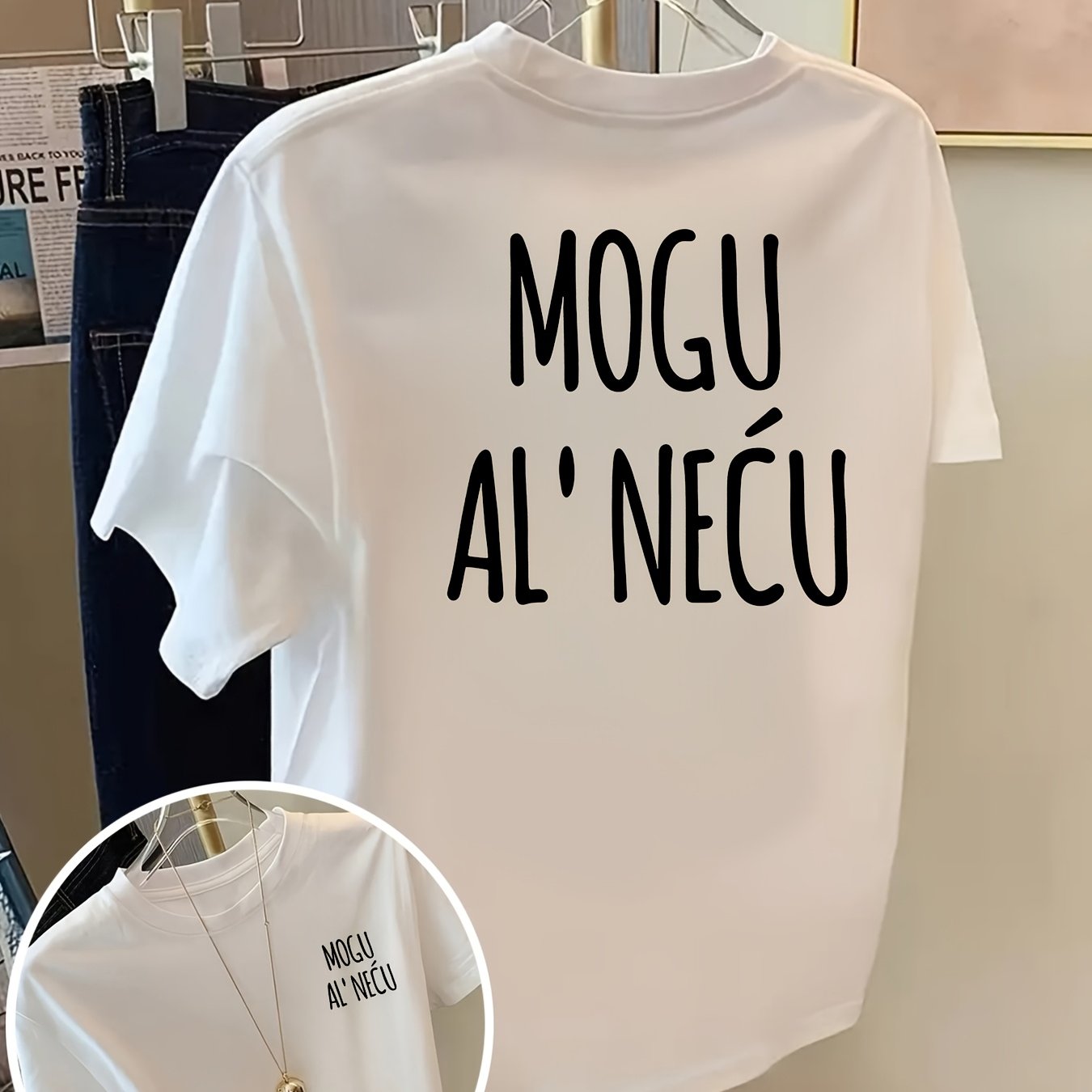 TEMU Short-sleeved Top With Front And , Mogu Ai'neÄu, Featuring A Printed Round Neck For Women - Casual Wear, , 01 Style