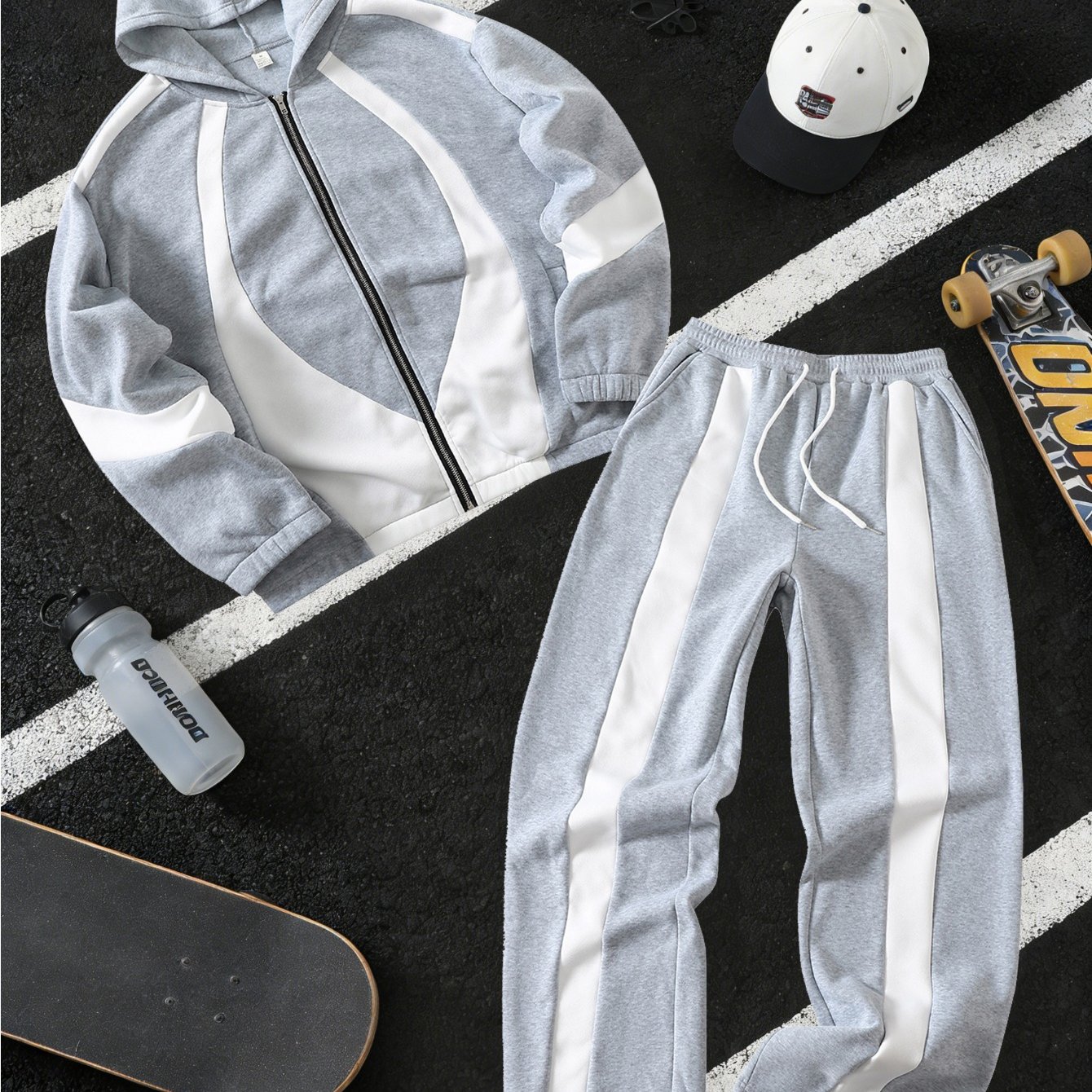 TEMU Men' Contrast Color Hooded Sweatshirt And Long Pants Set For Spring And Autumn, Gray And White Contrast Color Hooded Zip-up Cardigan Set With