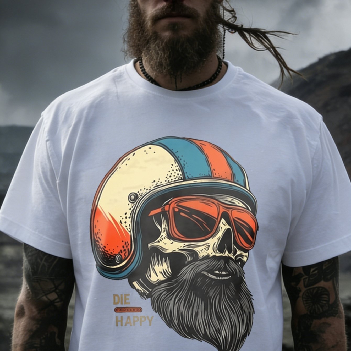 White T Shirt With Skull Helmet And Bearded Design Die Happy Text For Motorcycle Enthusiasts Outdoor Adventure Wear, Plus Size