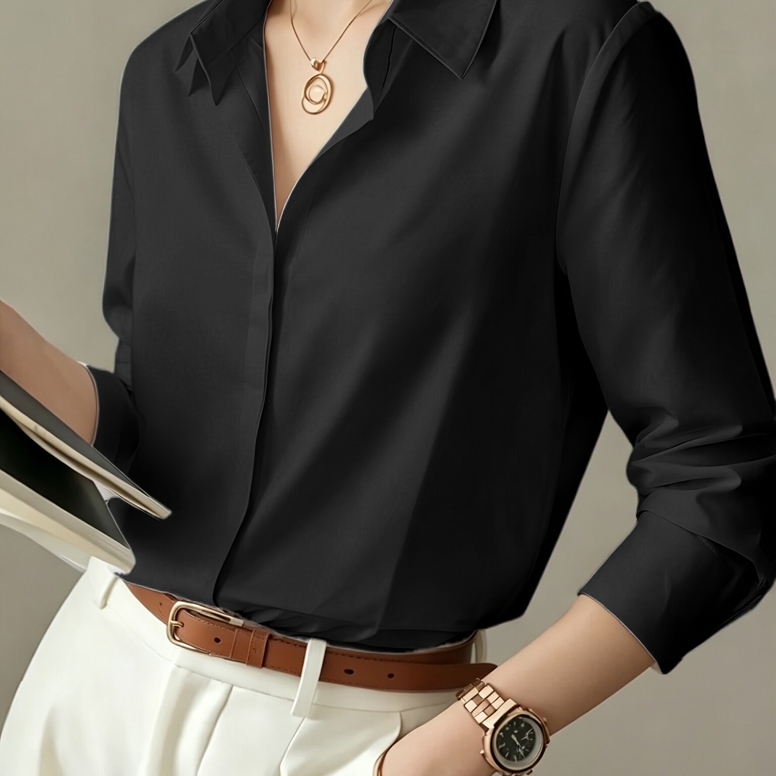TEMU Women' Long Sleeve Shirt, Dark Anti-sheer Button Design, Temperament Solid Dress Shirt, Spring/autumn Lapel Business Work T-shirt, Suitable For