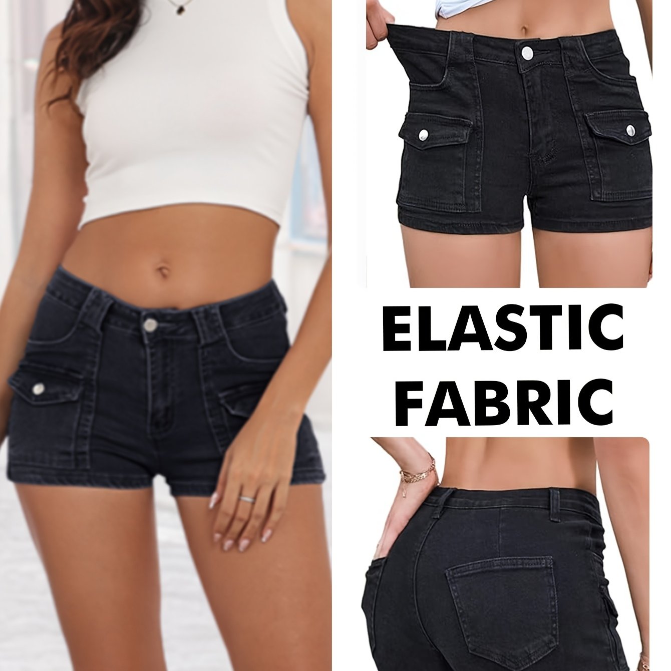 Image of Women's High-waisted Stretchy Slim-fit Shorts With Multiple Pockets - Curve-enhancing Elastic Waistband, Built-in Zipper Closure, Elegant Solid Color For Spring/summer Casual Wear Denim Shorts