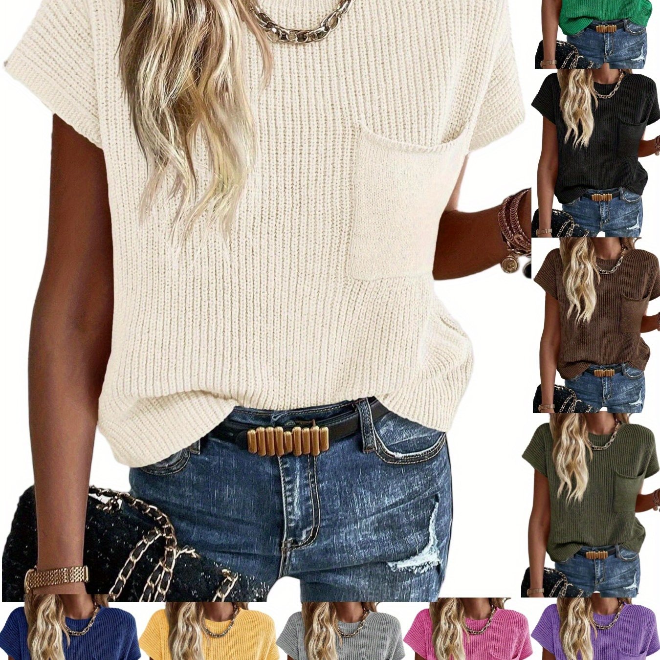 Casual Short-sleeve Ribbed Pullover Sweater For Women, Perfect For Spring And Summer