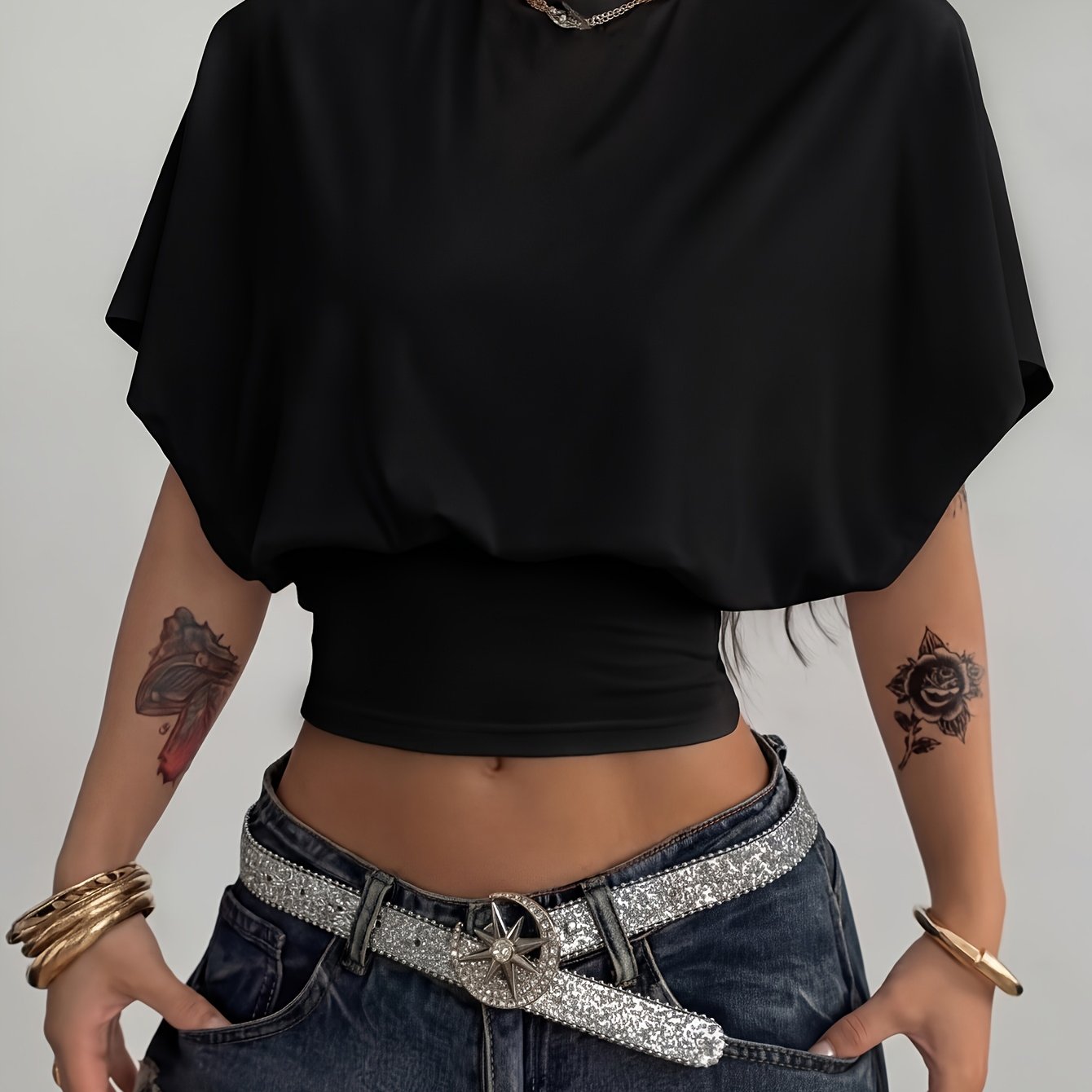 Image of Women's Spring/summer Elegant Slim Batwing Sleeve Short Top