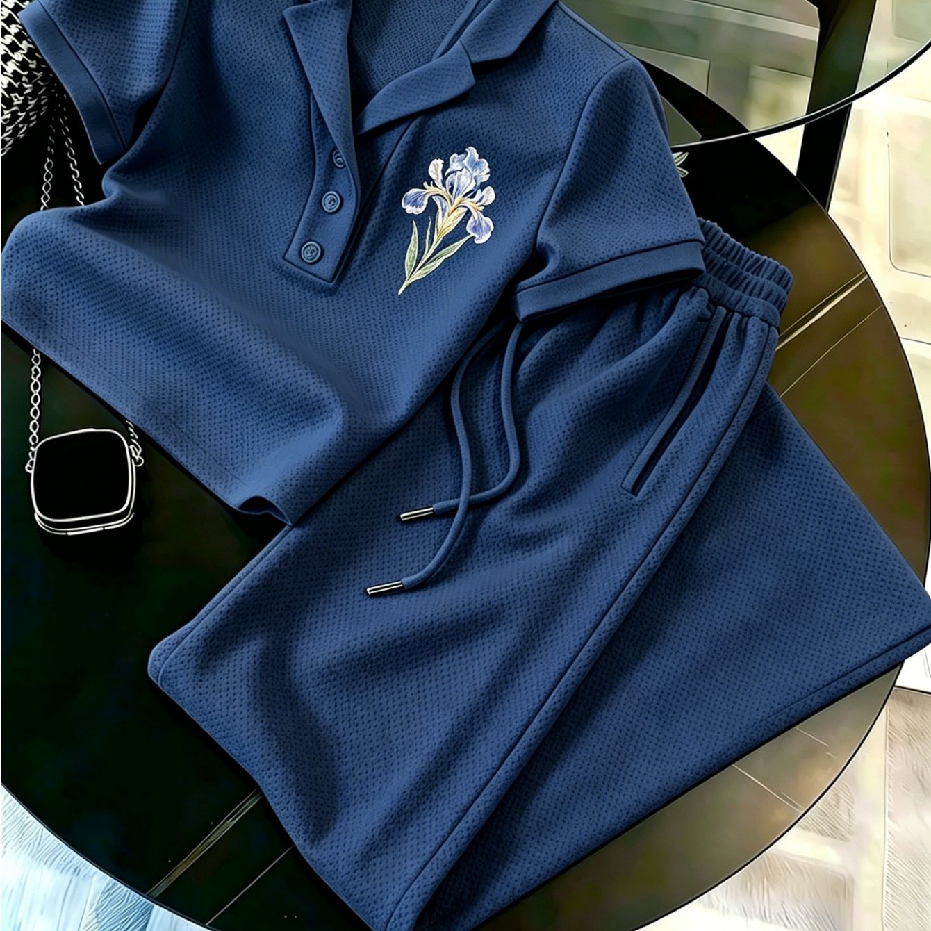 Image of 2026 New Release Navy Blue Floral Print Turn Collar Waffle Knit Casual Sporty 2pcs Tracksuit Ideal For Daily Commuting And Vacations, Perfect For Outdoor, For Teenager