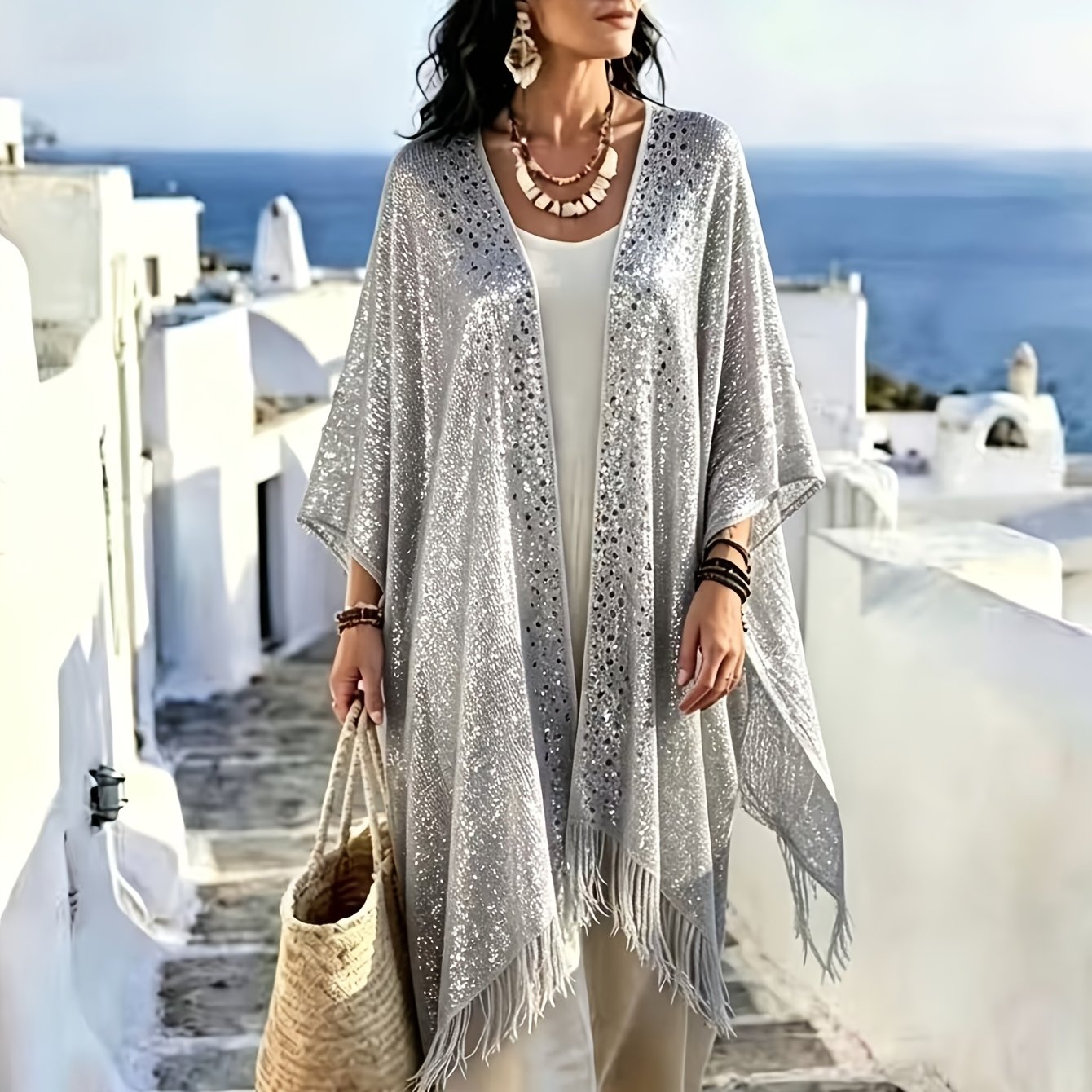 TEMU Plus Size, Women Plus Size Sparkling Sequin Tassel Shawl, Sheer Mesh Open Front Cardigan, Party Evening Casual Loose Outerwear Tops