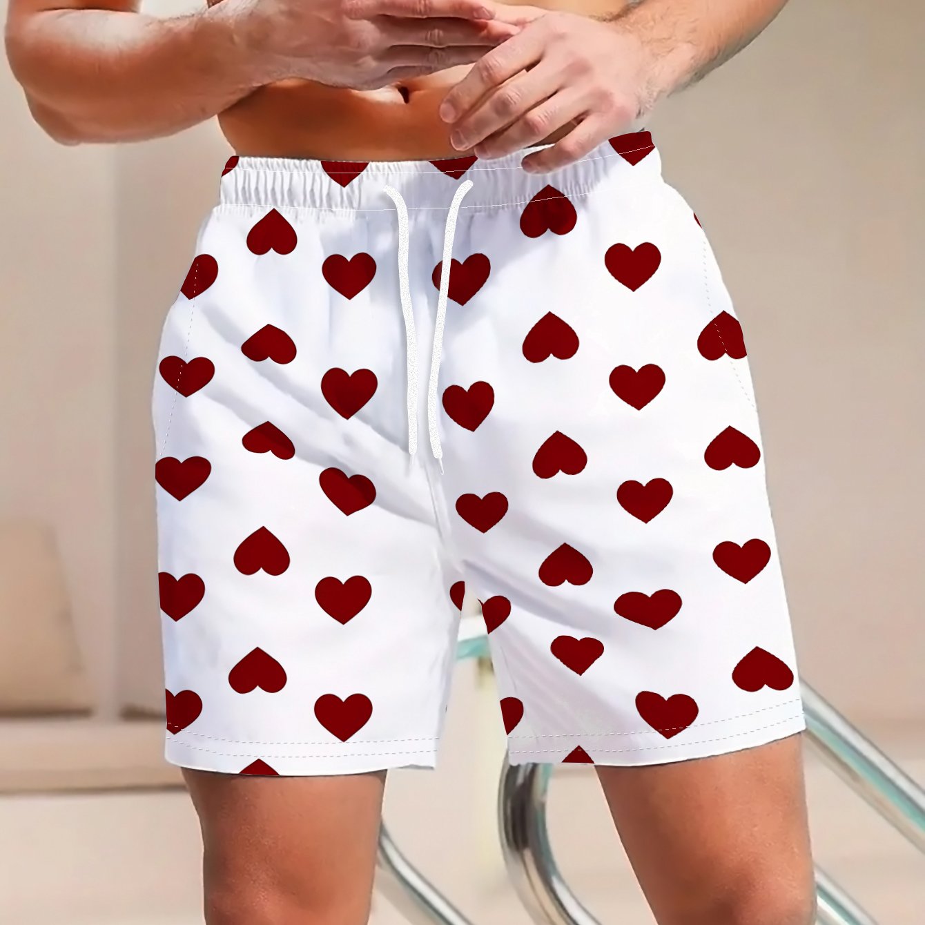 TEMU 's Casual Shorts Base Featuring Hearts And Horizontally, Perfect For Festive Gatherings And Commuting, Versatile, Made From Machine-washable