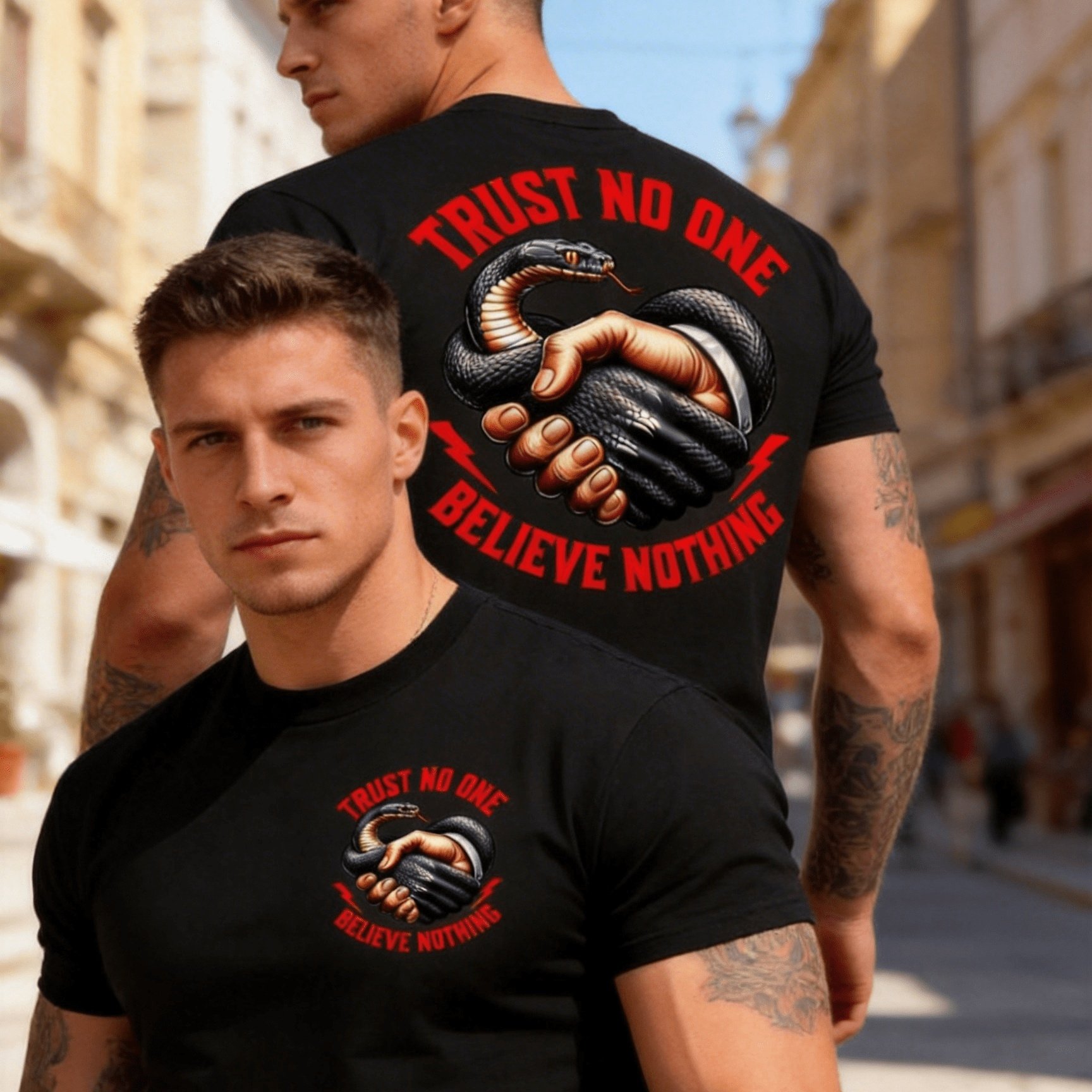 TEMU [print Design-not Textured] Men's Gothic Style Snake Pattern T-shirt - " No One, Believe Nothing" Vampire-, Breathable Fabric, Comfortable Loose