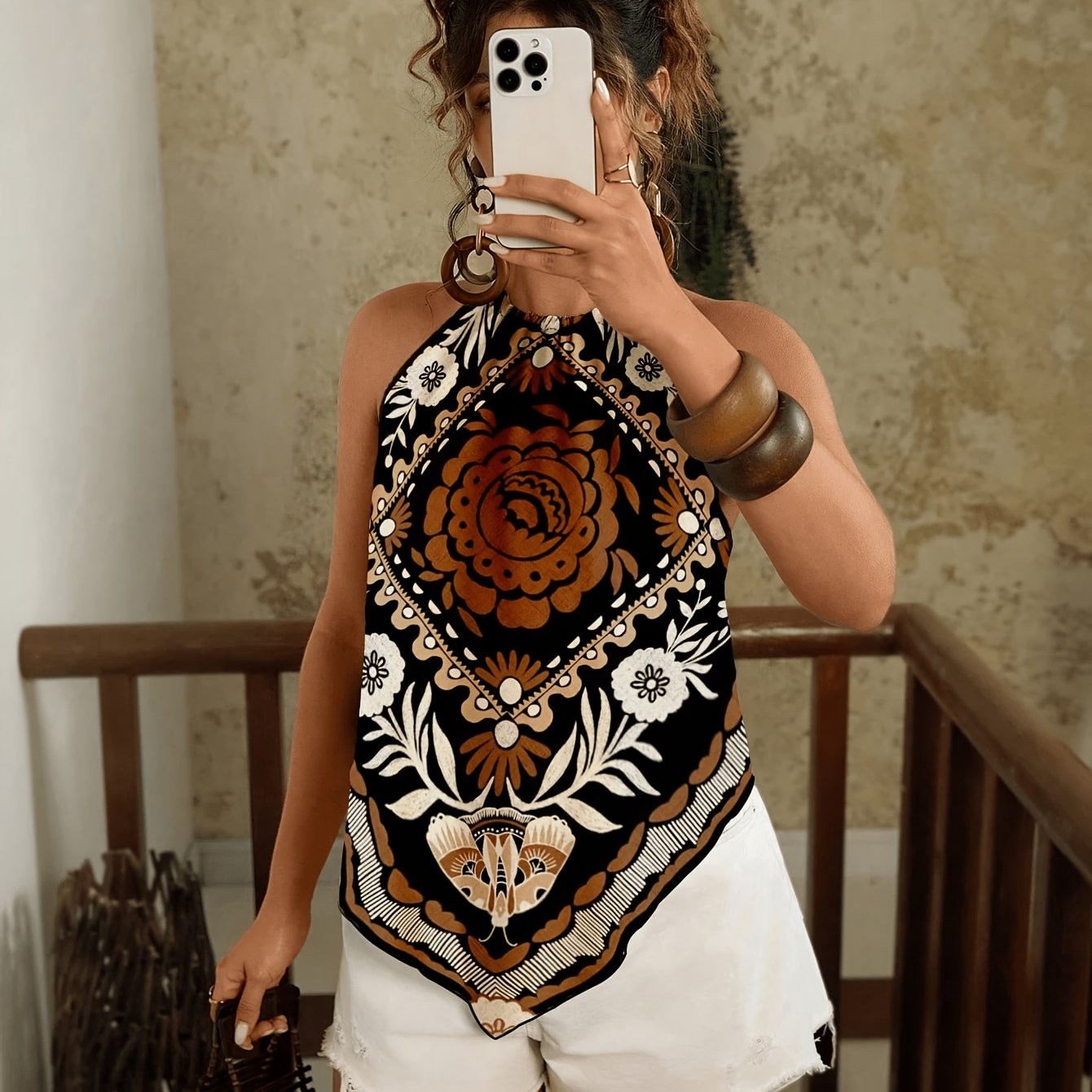 TEMU Trendy Bohemian Style Floral Halter Top, Square Scarf Style Sleeveless Tie-neck Scarf Women's Summer Top